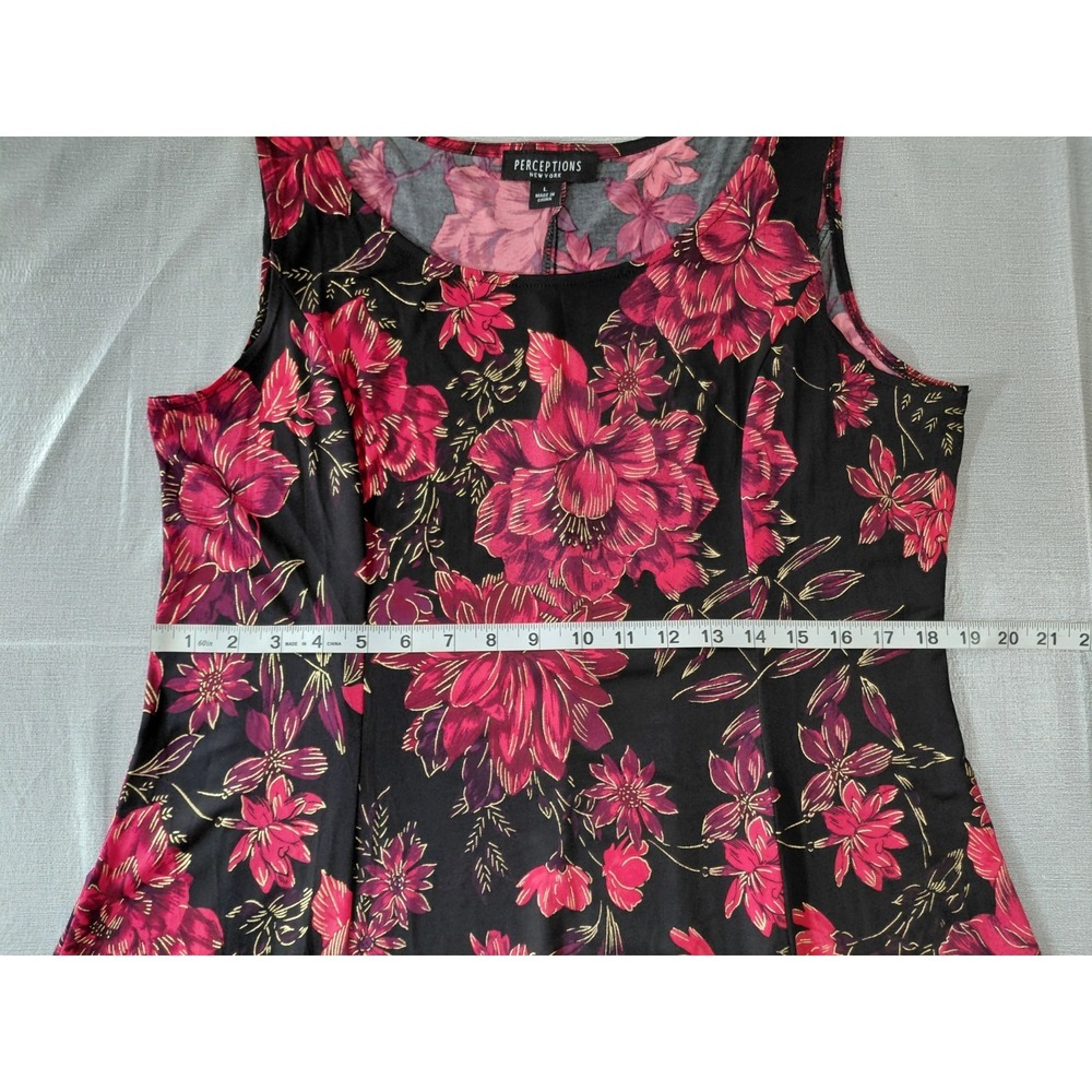 Perceptions New York Floral Swing Dress Sz LG Black & Red Sleeveless Stretchy - Picture 7 of 8